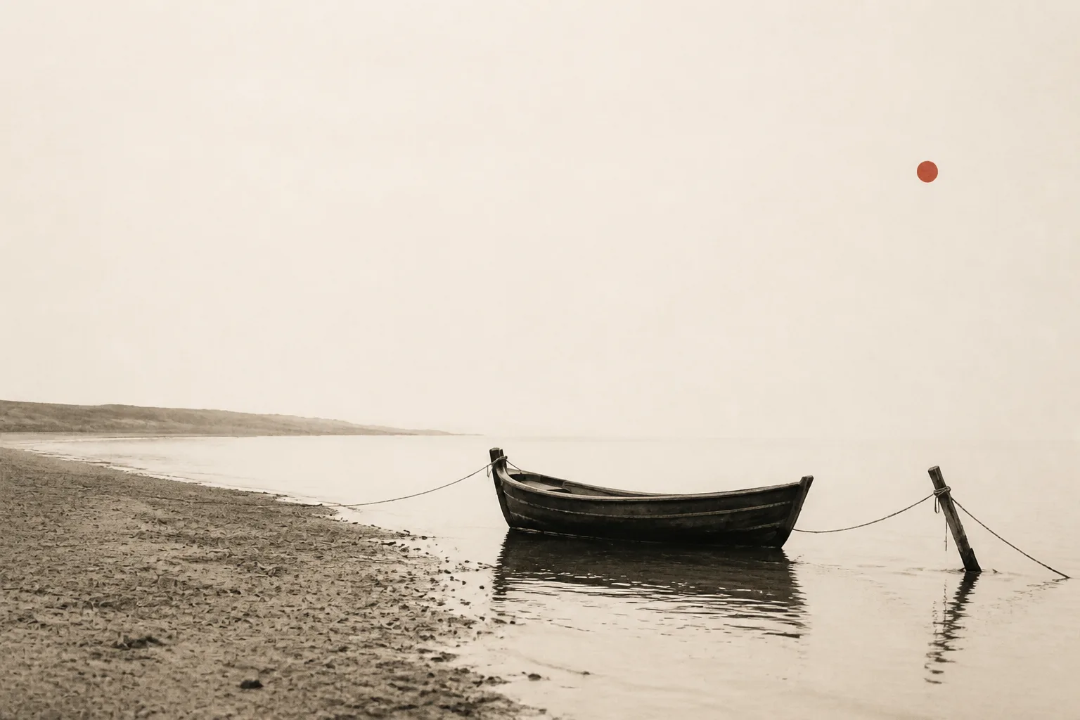 A small boat resting on a quiet shore